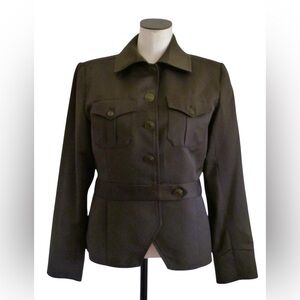 J Peterman 100% Worsted Wool Brown Chic Safari Self-Tab Belt Jacket Coat Wm 10